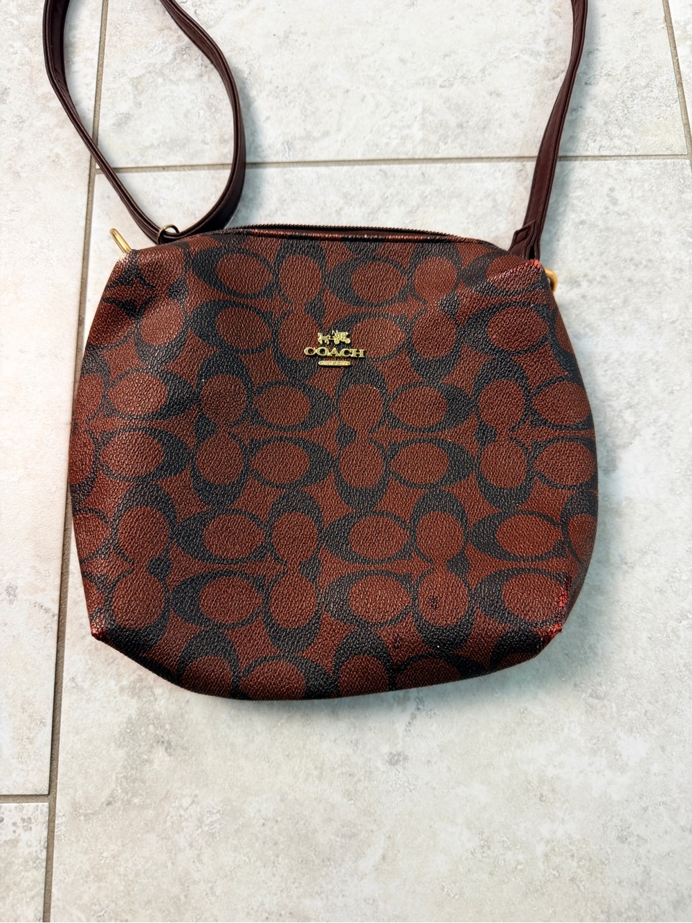 Coach Signature Brown Crossbody Bag Women’s Small Zip Top Purse